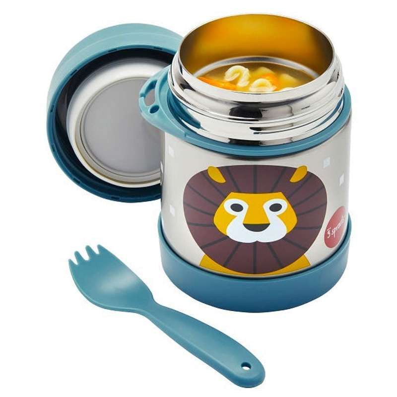 3 Sprouts Thermos Food Container with Spork - 350 ml - Lion - Dusty Blue