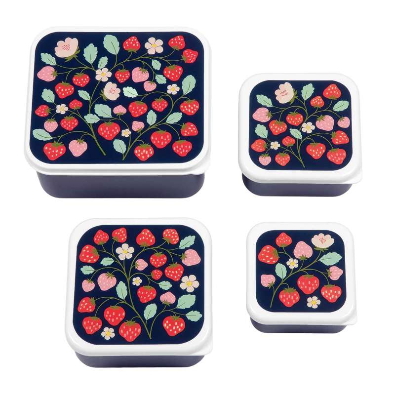 A Little Lovely Company Lunchbox and Snack Box Set - 4 pieces - Strawberries - Blue/Red