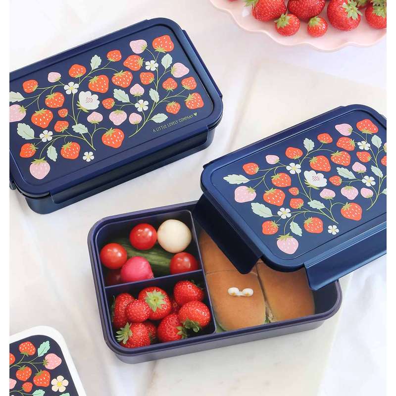A Little Lovely Company Reminder Bento Lunchbox - Strawberries - Blue/Red
