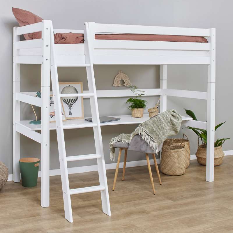 Hoppekids ECO Luxury High bed 90x200cm with tabletop and sloping ladder - White