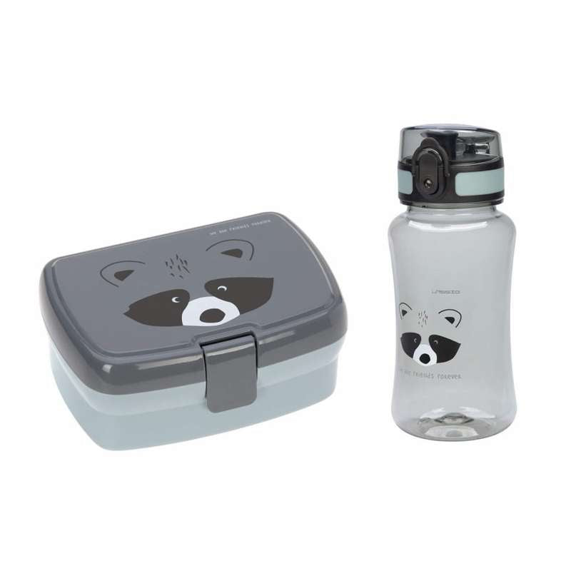 Lässig Lunch set with Lunchbox and Water bottle - Raccoon - Gray