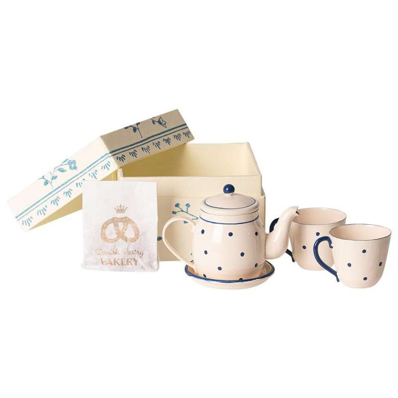Maileg Tea Set for 2 in a box - with teapot, cups, and cakes (5 cm.)