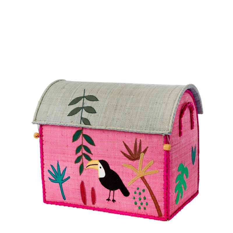 RICE Raffia Storage House - Jungle Animals - Pink - Small