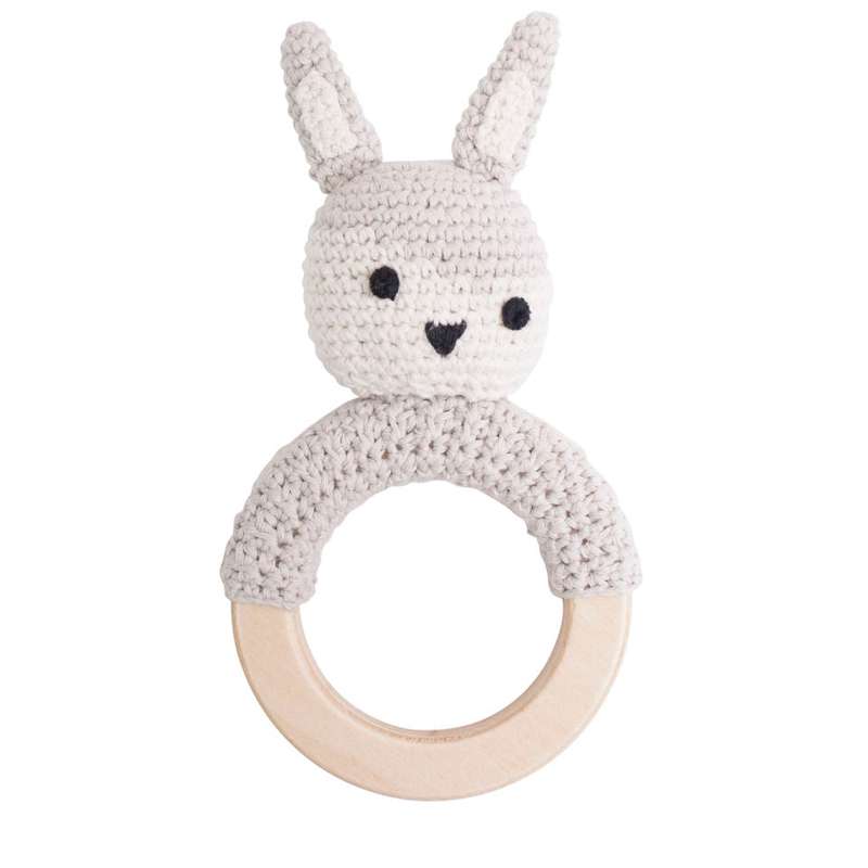 Sebra Crocheted Rattle - Rabbit on Wooden Ring (Feather Beige)