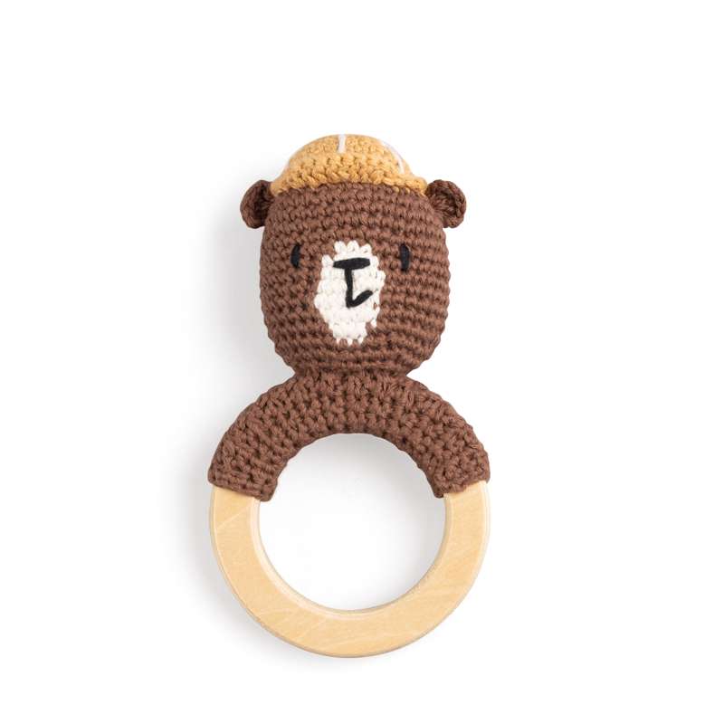 Sebra Rattle on wooden ring - crochet - Bear