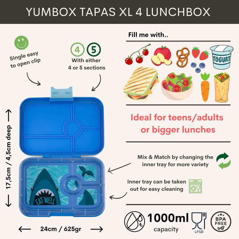 Yumbox Lunchbox - Tapas XL - 4 compartments - Monte Carlo Blue/Race Cars