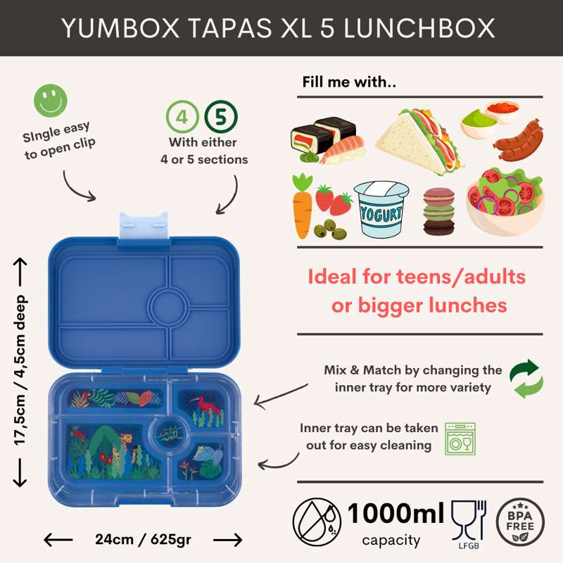 Yumbox Lunchbox - Tapas XL - 5 compartments - Monte Carlo Blue/Navy Clear